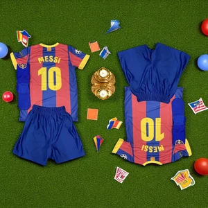 Bite Nose Messi Barcelona Çoraplı Bordo Mavi Çocuk Nostalji Halı Saha Forma