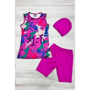 Üç Parça Kız Çocuk Kısa Şortlu Mayo