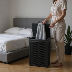 Ahşap Kirli Çamaşır Sepeti Yıkanabilir Kumaşlı (Siyah)