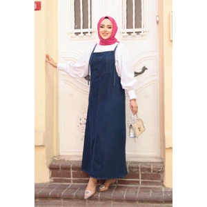 Lacivert Tesettür Kot Salopet Elbise 19014L