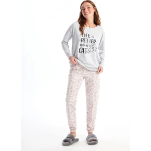 Lcw Dream Pembe Bisiklet Yaka Baskılı Uzun Kollu Kadın Pijama Takımı