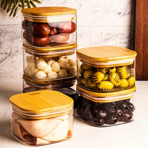 Bursa - 6'lı Bambu Vakumlu Kare Kapaklı Cam Kahvaltılık Çok Amaçlı Borosilikat Cam Çerezlik 400 ml