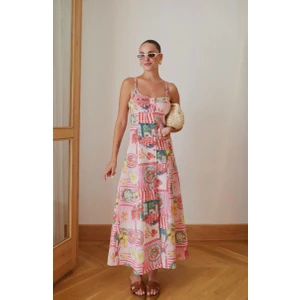 Kadın Pembe Askılı Sırttan Dekolte Detaylı Düğmeli Keten Elbise