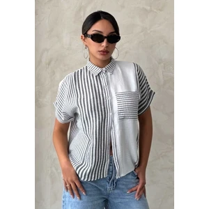 Mavi Parçalı Çizgili Gömlek 100 Keten
