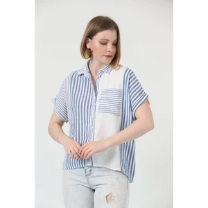 Mavi Parçalı Çizgili Gömlek 100 Keten