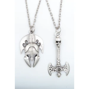 2'li Çift Taraflı Kuru Kafa Balta - Gladyatör Miğfer Gümüş Kaplama Kolye Seti