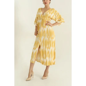 Kruvaze Yaka Yırtmaçlı Dokuma Viskon Kadın Elbise (120 Cm)