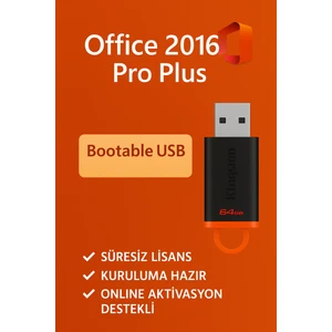 Office 2016 Pro Plus Lisans Key + 64 GB Bootable USB Flash Bellek – Kolay Kurulum - 2025 Ürün Anahtarı ve Key