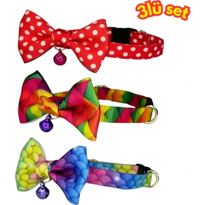 Papyonlu Kedi Boyun Tasmas 3 Lü Set Papyonlu Zilli 17-30 cm Ayarlanabilir Kedi Papyon Fiyonk