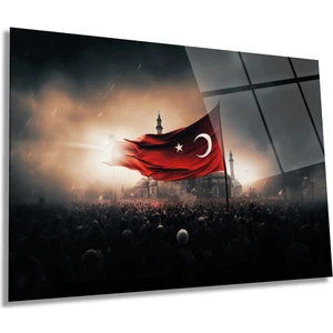 Türk Bayrağı ve Savaş Zaferi Yatay Cam Tablo, Türkiye Bayrak, Ev Ofis Duvar Dekoru, Lüks Hediyelik