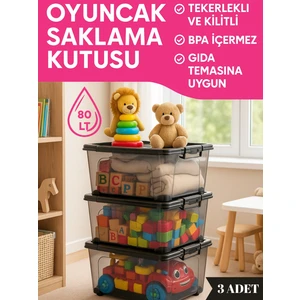 80 Lt Kapaklı Oyuncak Saklama Kutusu 3’lü Set – Tekerlekli Kilitli Bpa Içermez Çocuk Odası Organizer