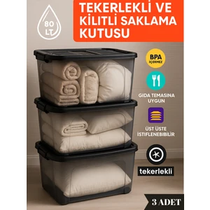 80 Lt Tekerlekli Kilitli Saklama Kutusu 3’lü Set Kapaklı Şeffaf Bpa Içermez Üst Üste Istiflenebilir