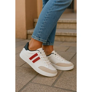 Beyaz-Kırmızı-Beyaz Taban Unisex Günlük Rahat Hafif Bağcıklı Sneaker Spor Ayakkabı