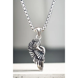 Gümüş Kaplama Krom-Çelik Erkek Kolyesi Kartal Kanadı Madalyon