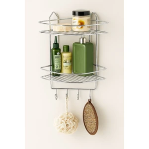 Paslanmaz Krom Yapışkanlı Banyo Köşeliği Düzenleyici, Şampuanlık, Duş Rafı 2 Katlı - 4 Kancalı - Ek-02
