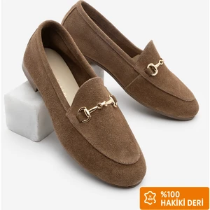 Kadın Hakiki Deri Zincirli Loafer Günlük Ayakkabı Tanle Taba Süet