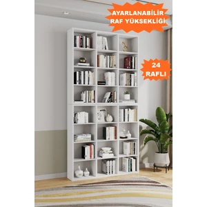 AE-1079 Imre Beyaz 24 Raflı Kitaplık Kütüphane Ayarlanabilir Raf Geniş Çocuk Odası