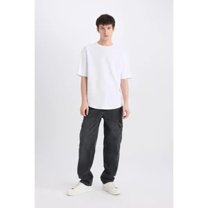 %100 Pamuk Relax Fit Rahat Kesim Geniş Paça Kargo Cepli Siyah Jean Pantolon E6694AX25SP