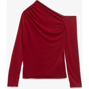 Slim Fit Drape Detaylı Uzun Kollu Asimetrik Tek Omuz Tişört