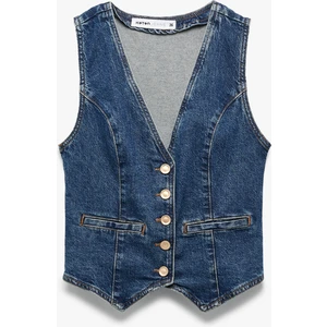 V Yaka Kolsuz Düğmeli Cep Detaylı Denim Yelek