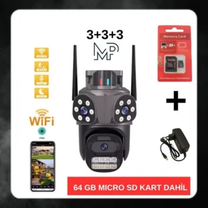 Dış Mekan Üç Kameralı Gece Görüşlü Full Hd Ip Akıllı Ptz Güvenlik Kamerası 64 GB Micro Sd Kart ve Adaptör Dahil BB-17352