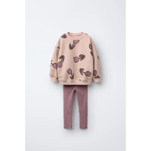 Kız Çocuk Pamuklu Çiçek Desenli Sweatshirt ve Tayt Alt-Üst Takım - Günlük Takım