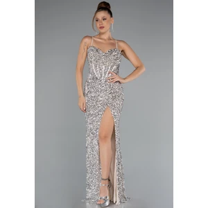 Yırtmaçlı Göğüs Drapeli Uzun Pullu Abiye Elbise ABU4842