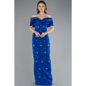 Saten Kayık Yaka Taşlı Uzun Abiye Elbise ABU4973