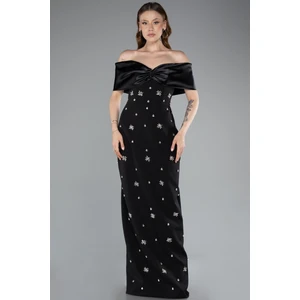 Saten Kayık Yaka Taşlı Uzun Abiye Elbise ABU4973