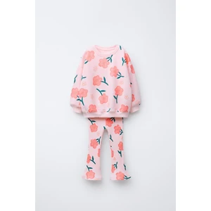 Kız Çocuk Pamuklu Pembe Çiçek Desenli Sweatshirt Ispanyol Paça Tayt Takım