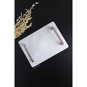 IOA Design Nergis Gerçek Ince Mermer Damat Kahvesi Tepsisi 28X20 cm -Gümüş Kulp