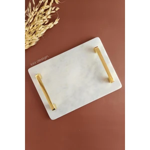 IOA Design Nergis Gerçek Ince Mermer Damat Kahvesi Tepsisi 28X20 cm - Altın Kulp
