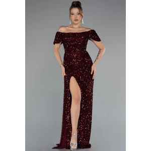 Kayık Yaka Bacak Dekolteli Uzun Pullu Abiye Elbise ABU4843