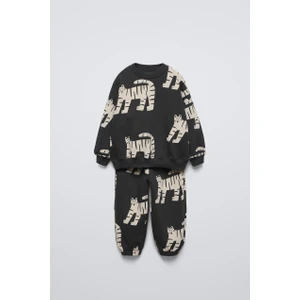 Erkek Çocuk Pamuklu Siyah Kaplan Desenli Sweatshirt Eşofman Takım Kışlık