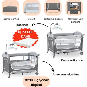 Atlas Plus Anne Yanı Sallanır Cibinlikli Dönenceli Oyun Parkı Park Yatak 70X110 cm + Yataklı