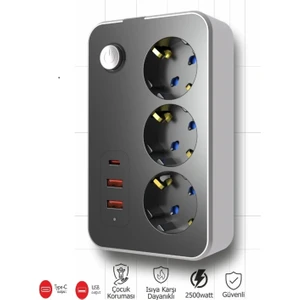 Termal Akım Korumalı USB 2.1A Şarj Çıkışlı 10A 2500W 3'Lü Uzatma Grup Priz