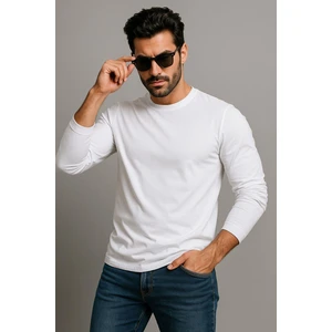 Erkek Bisiklet Yaka Beyaz Body %100 Pamuk Uzun Kollu Tişört Erkek Düz T-Shirt