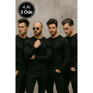 Erkek Siyah 4'lü Paket Basic Uzun Kollu Tişört Sporcu Body T-Shirt