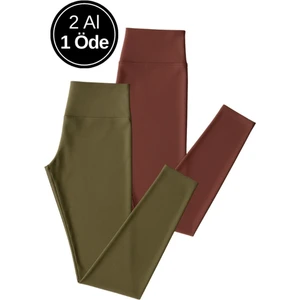 Kadın 2'li Paket Uzun Tayt Haki - Mor Yüksek Bel Toparlayıcı Esnek Günlük ve Spor Uzun Tayt