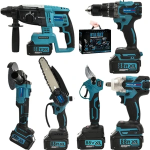 Akülü Süper 6lı Set Makina 88VF 5AH 125MM Avuç Taşlama, Sds Plus Kırıcı Delic, Somun Sıkma Sökme, Vidalama Matkap, Budama Testere, Budama Makası EEA397