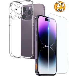 iPhone 14 Pro Max Şeffaf Kılıf + Cam Ekran Koruyucu Seti