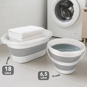 2'li Katlanır Banyo Seti - Katlanabilir Silikon 18 Lt Çamaşır Sepeti Akordiyon Su Kovası