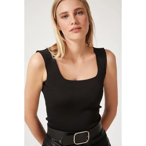 Kadın Siyah Kare Yaka Triko Crop Bluz