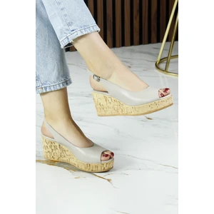 Erkan Saçmacı Heather Vizon Hakiki Dana Derisi Mantar Taban Görünümlü Dolgu Topuklu Slingback Sandalet
