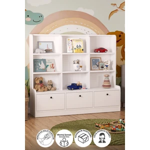 3 Kapaklı 9 Raflı Dolap Kitaplık Çok Amaçlı Dolap Oyuncak Dolabı Demet Beyaz