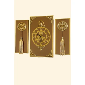 Casablanca 3 Lü Gold Aynalı Çerçeveli Püsküllü Duvar Saati Takımı, Wall Clock Hediye Ags001 38gmb