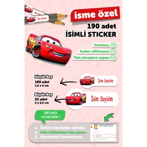 Cars Temalı Yırtılmaz ve Suya Dayanıklı Okul Etiket Seti 190 Adet – Kalem ve Defter için, 1,5x4 cm & 2x5,5 cm