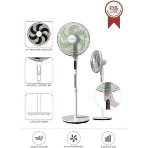 Sf-05 Beyaz Ayaklı 50W 3 Kademe 6 Pervaneli 16'' Inc Kumandalı Diğital Ekranlı Vantilatör Fan