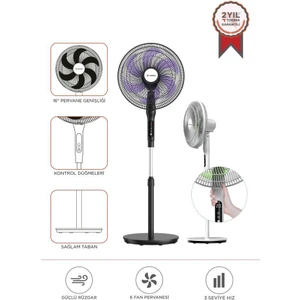 Sf-05 Siyah Ayaklı Portatif – 50W 3 Kademe 6 Pervaneli 16'' Inc Kumandalı Diğital Ekranlı Vantilatör Fan