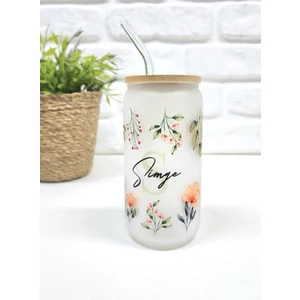 Isme Özel Kişiye Özel Bambu Kapaklı Yeşil Yaprak ve Kırmızı Çiçek Desenli Pipetli Buzlu Cam Bardak